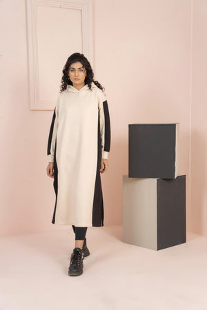 Women's Over-sized Long Hoodie with black Pannel/ Off-White