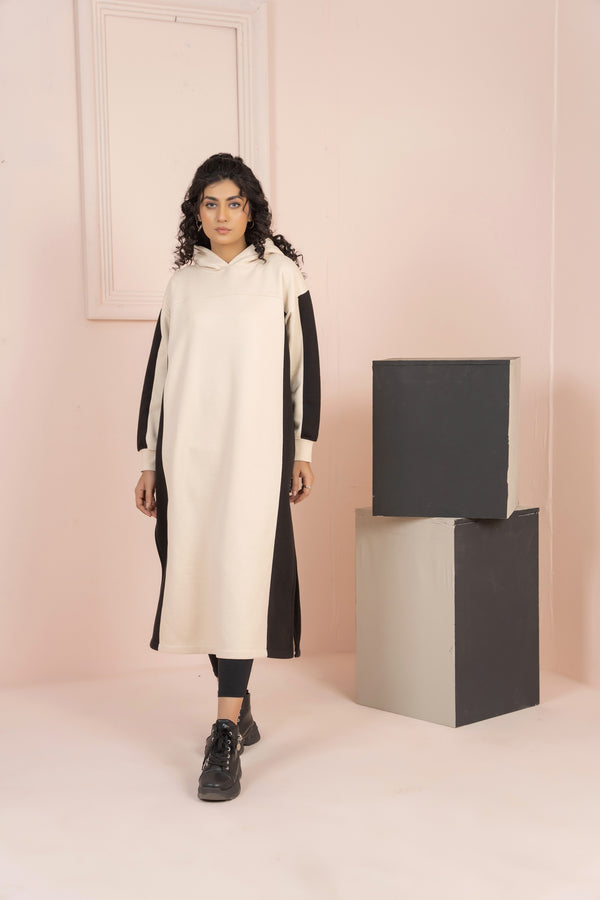 Women's Over-sized Long Hoodie with black Pannel/ Off-White