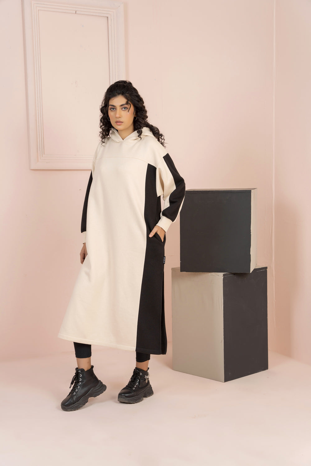 Women's Over-sized Long Hoodie with black Pannel/ Off-White