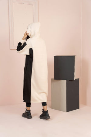 Women's Over-sized Long Hoodie with black Pannel/ Off-White