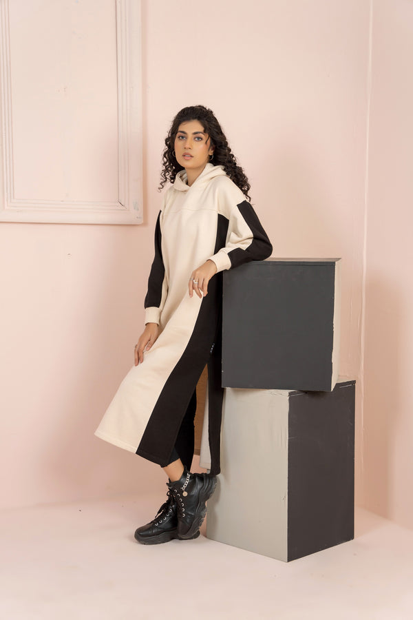 Women's Over-sized Long Hoodie with black Pannel/ Off-White