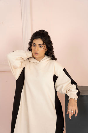 Women's Over-sized Long Hoodie with black Pannel/ Off-White