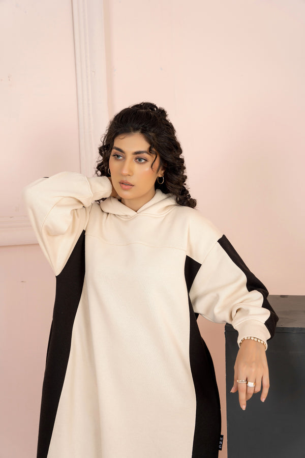 Women's Over-sized Long Hoodie with black Pannel/ Off-White