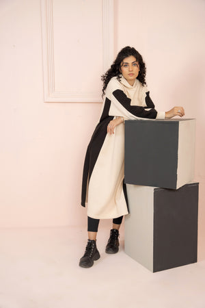 Women's Over-sized Long Hoodie with black Pannel/ Off-White