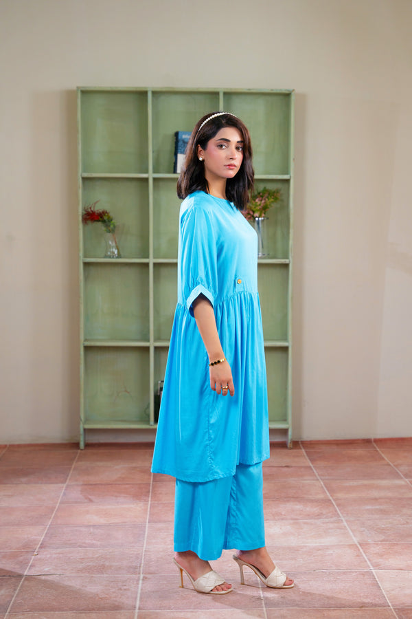 Women 2PC Long Frock -Aqua Blue