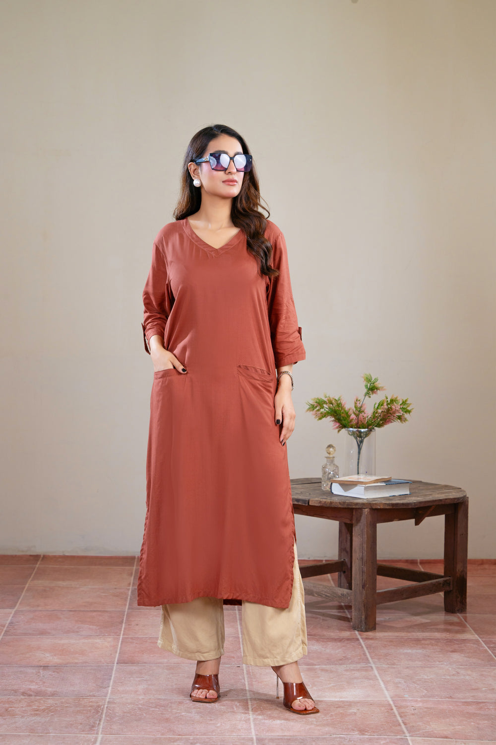 Women Classic Loungewear Long Top - Woody Brown