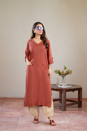Women Classic Loungewear Long Top - Woody Brown