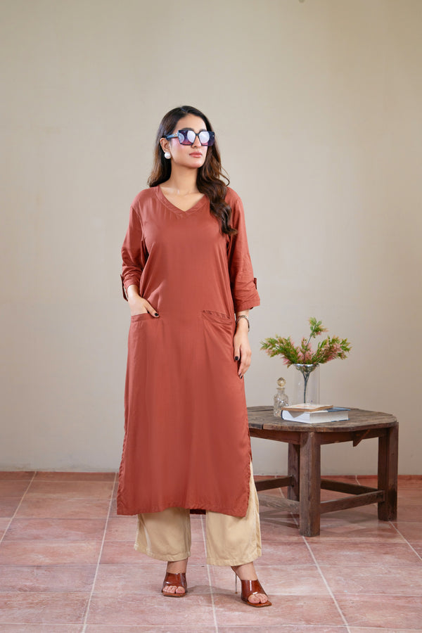 Women Classic Loungewear Long Top - Woody Brown