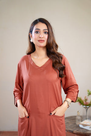 Women Classic Loungewear Long Top - Woody Brown