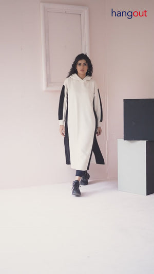 Women's Over-sized Long Hoodie with black Pannel/ Off-White
