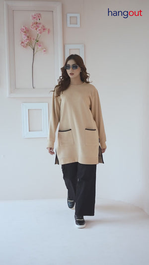 Women's Front Pocket | Long & Loose Fit Sweatshirt - Beige