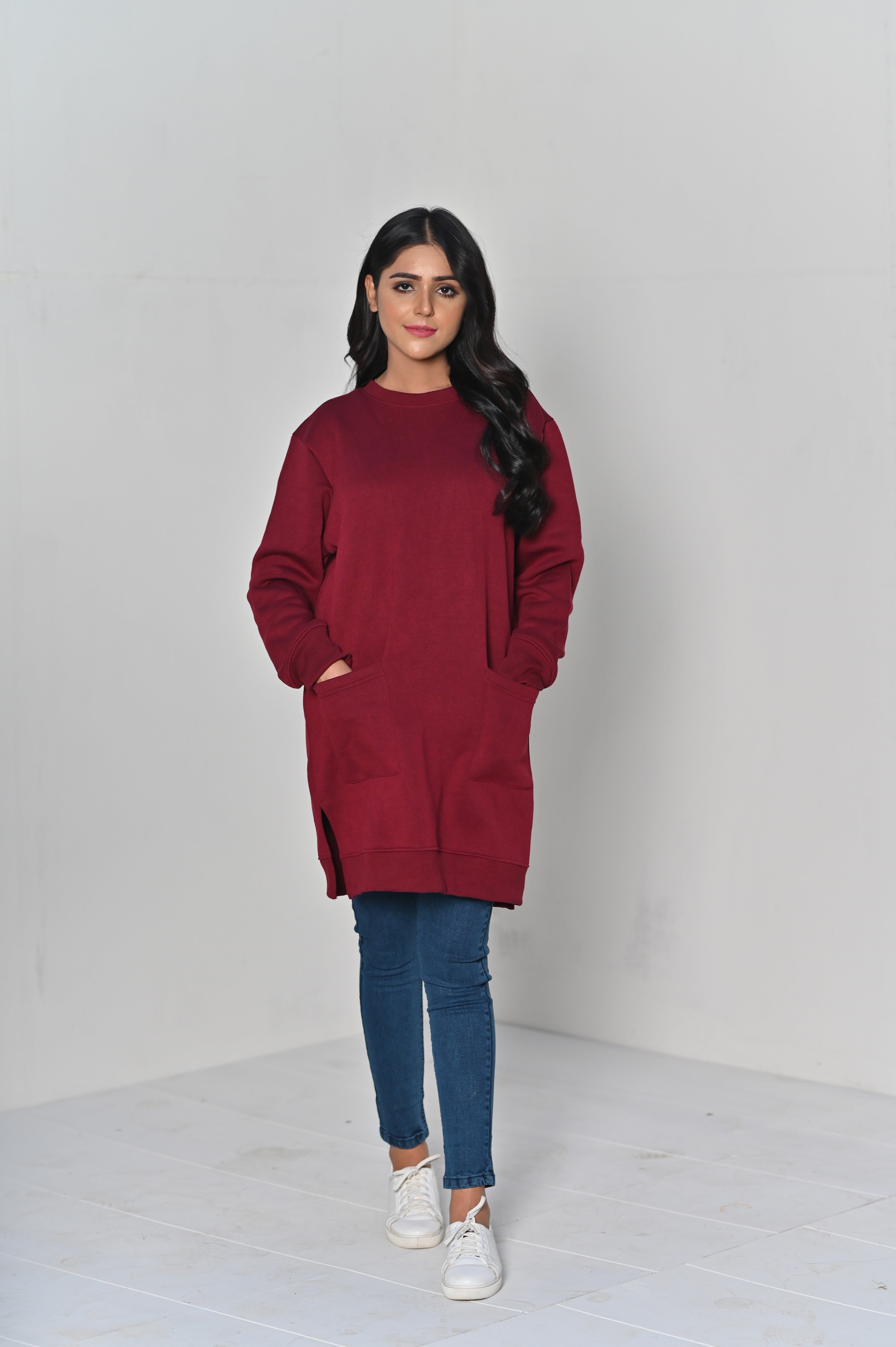 Women s Front Pocket Long Loose Fit Sweatshirt Maroon hangout