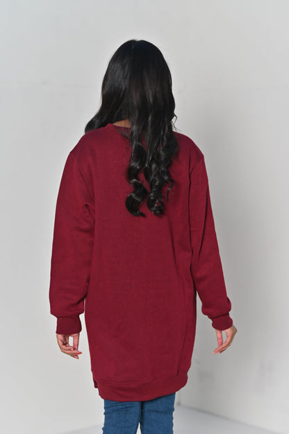 Women's Front Pocket  -Long & Loose Fit Sweatshirt - Maroon