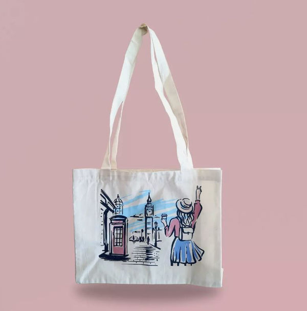 Women Canvas Tote Bag London Girl Printed Ladies Shoulder Bag