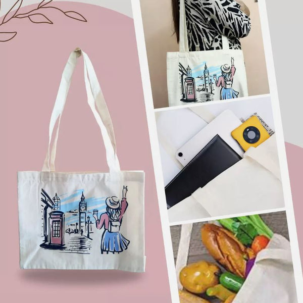 Women Canvas Tote Bag London Girl Printed Ladies Shoulder Bag