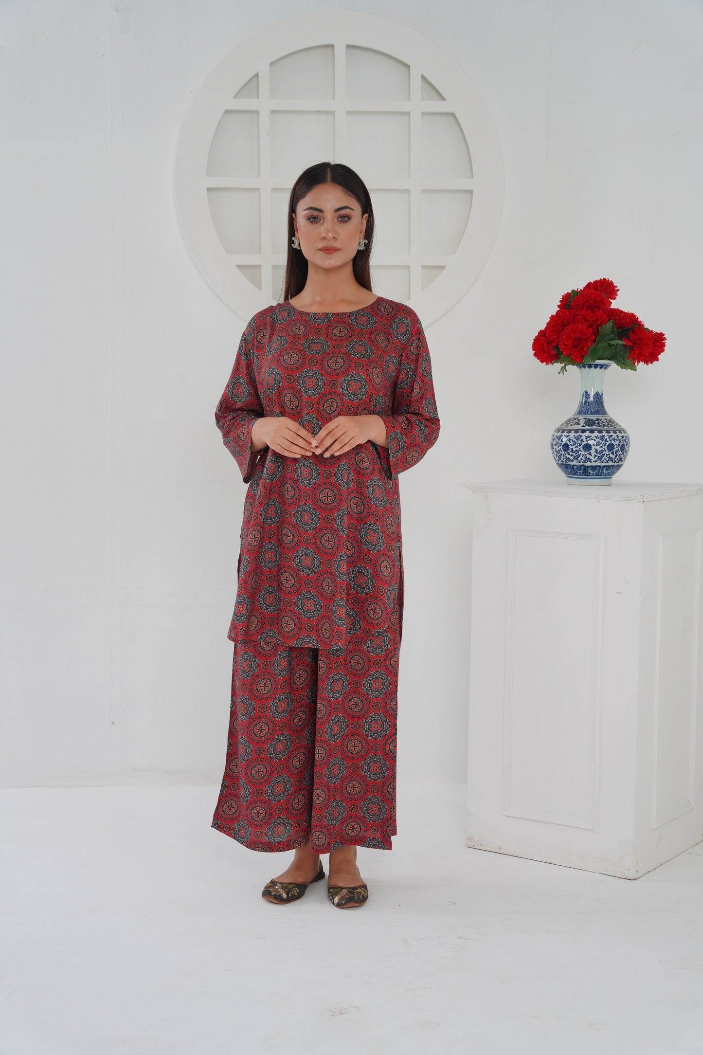 Women's Classic Fashion Wear Suit- Red Ajrak