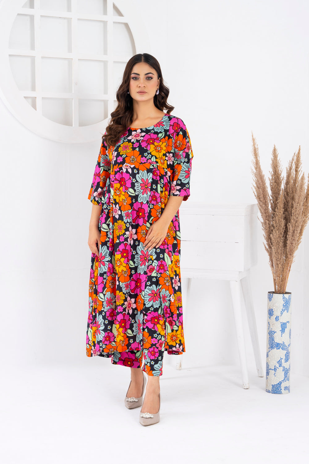 Women's Loungewear 2PC Printed Long Frock  -Rainbow
