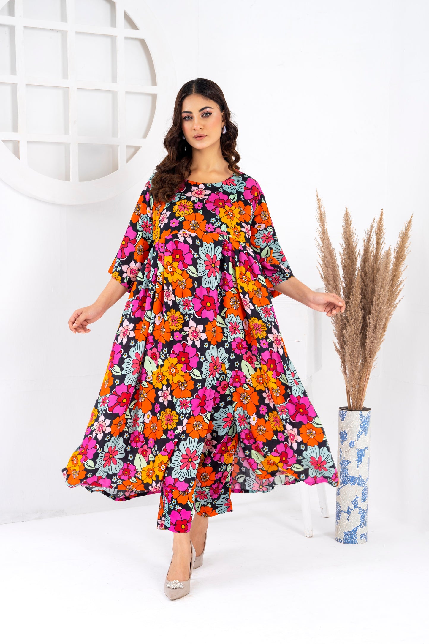 Women's Fashion 2PC Printed Long Frock  -Rainbow