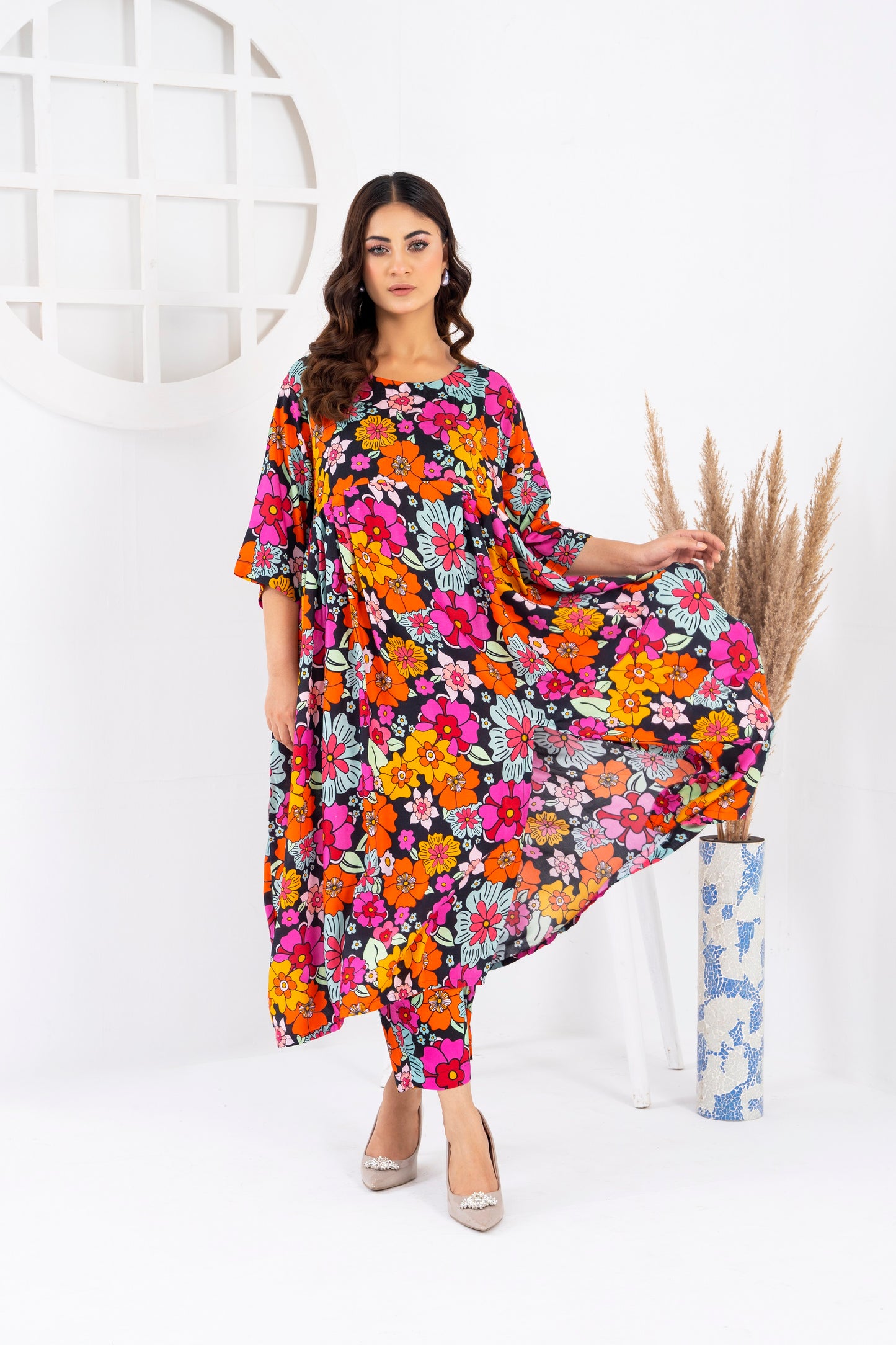 Women's Fashion 2PC Printed Long Frock  -Rainbow