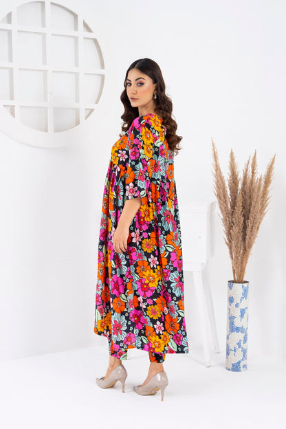 Women's Fashion 2PC Printed Long Frock  -Rainbow