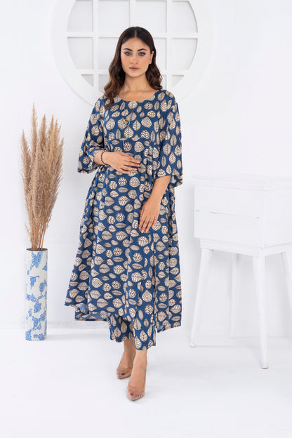 Women's Fashion 2PC Printed Long Frock - Blue Bells