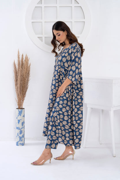 Women's Fashion 2PC Printed Long Frock - Blue Bells