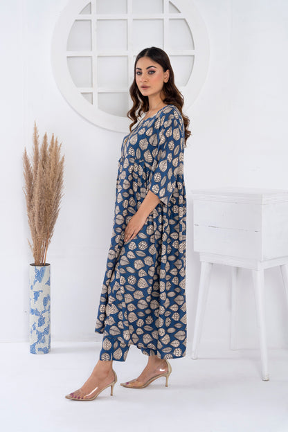 Women's Fashion 2PC Printed Long Frock - Blue Bells