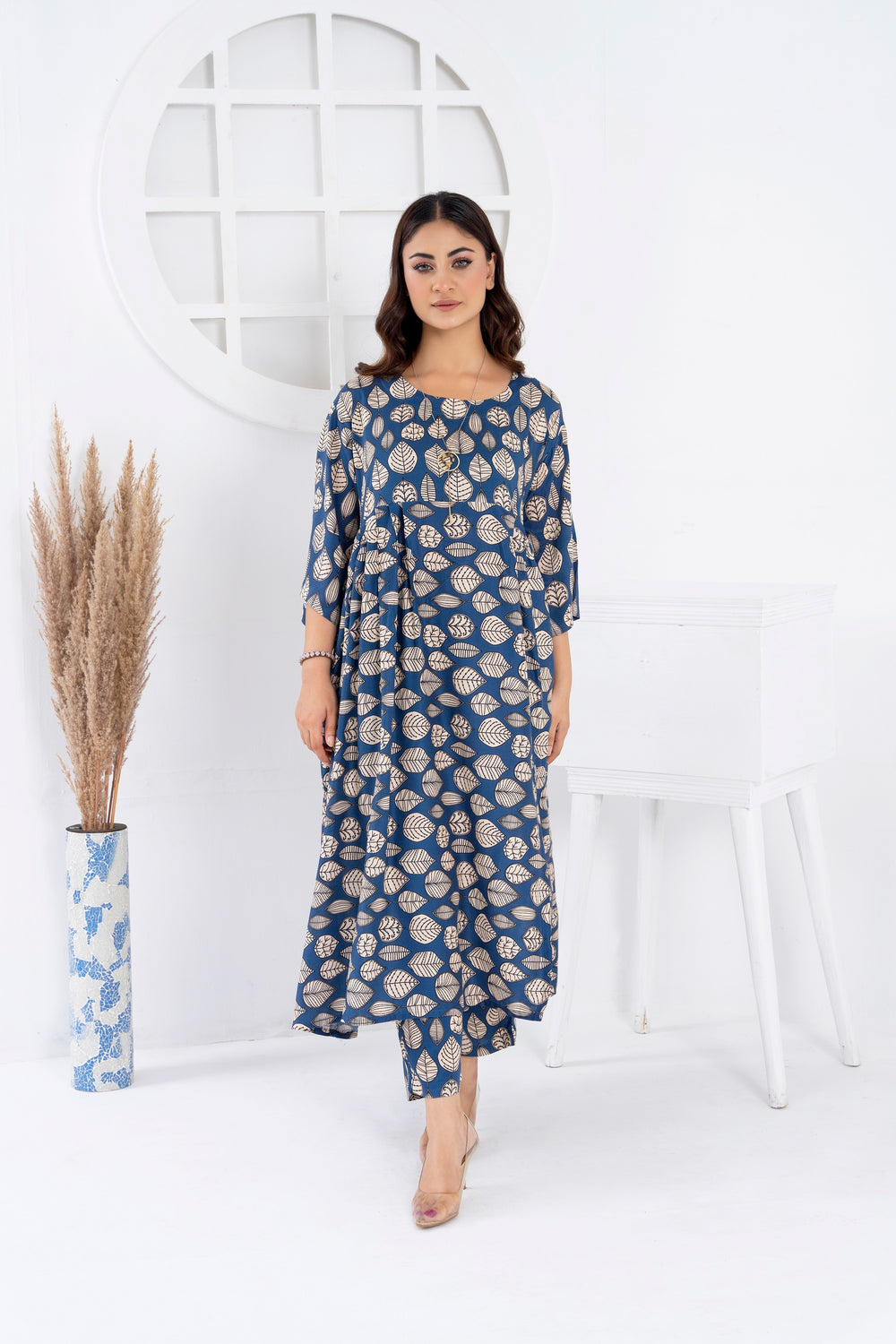 Women's Loungewear 2PC Printed Long Frock - Blue Bells