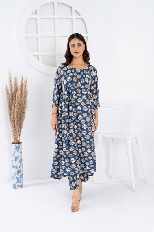 Women's Fashion 2PC Printed Long Frock - Blue Bells