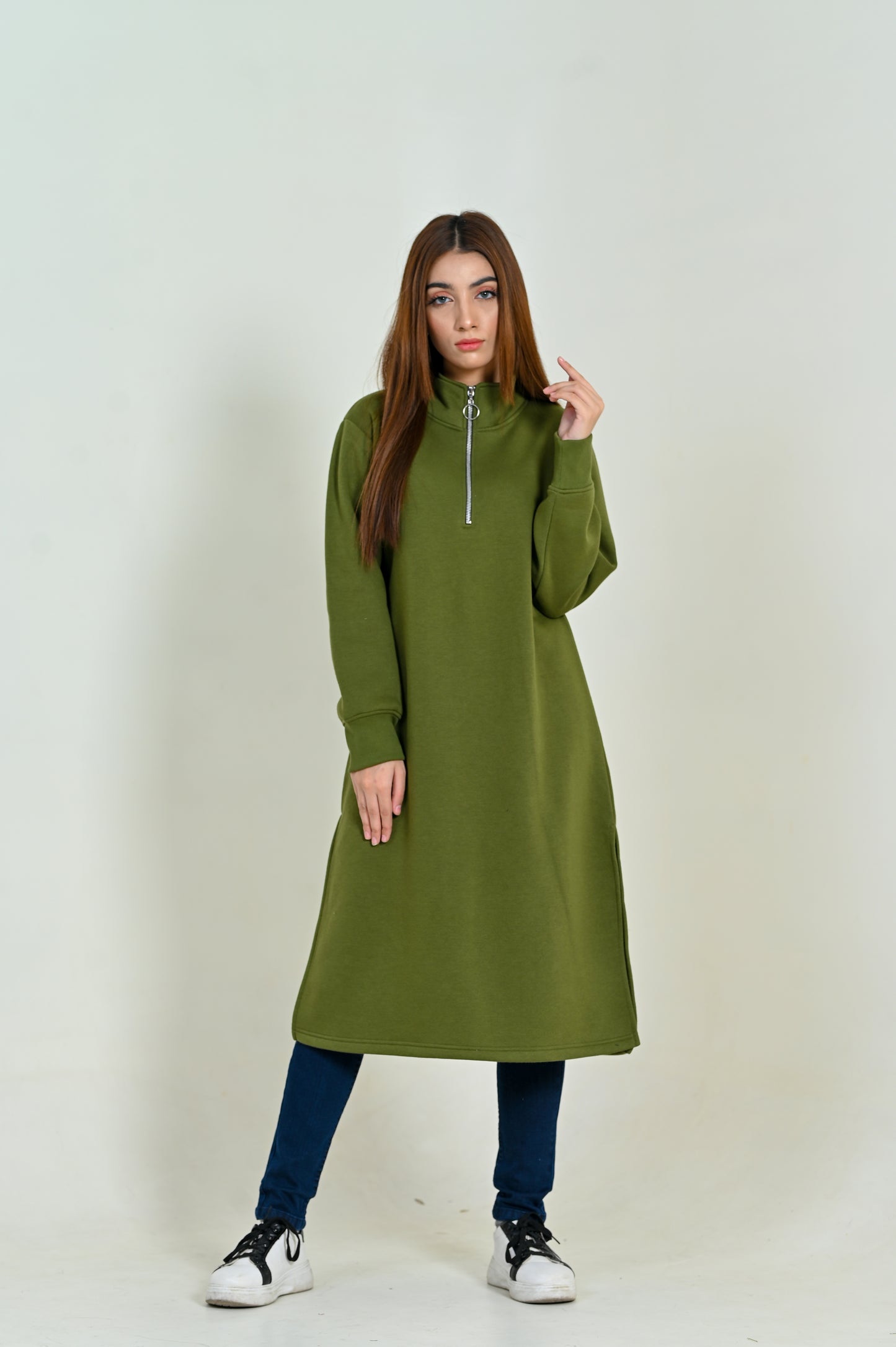 Women's Fashion -Long & Loose Fit Sweatshirt -Green