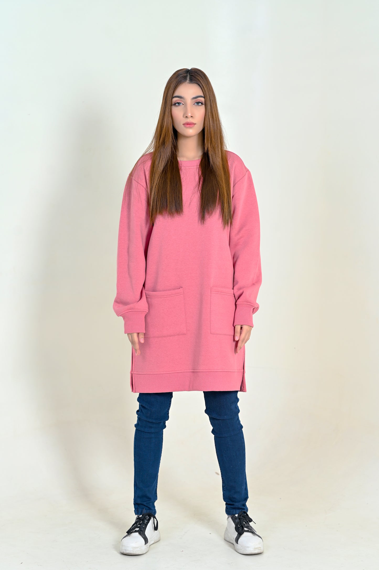 Women's Front Pocket  -Long & Loose Fit Sweatshirt -Pastel Pink