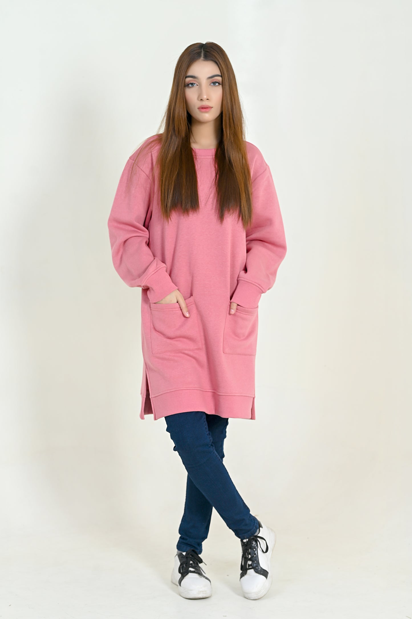 Women's Front Pocket  -Long & Loose Fit Sweatshirt -Pastel Pink