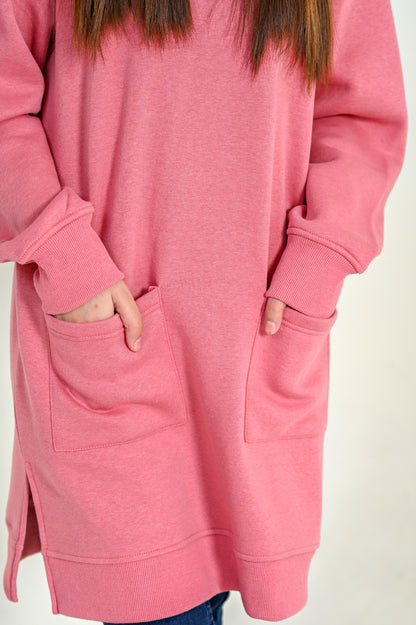 Women's Front Pocket  -Long & Loose Fit Sweatshirt -Pastel Pink