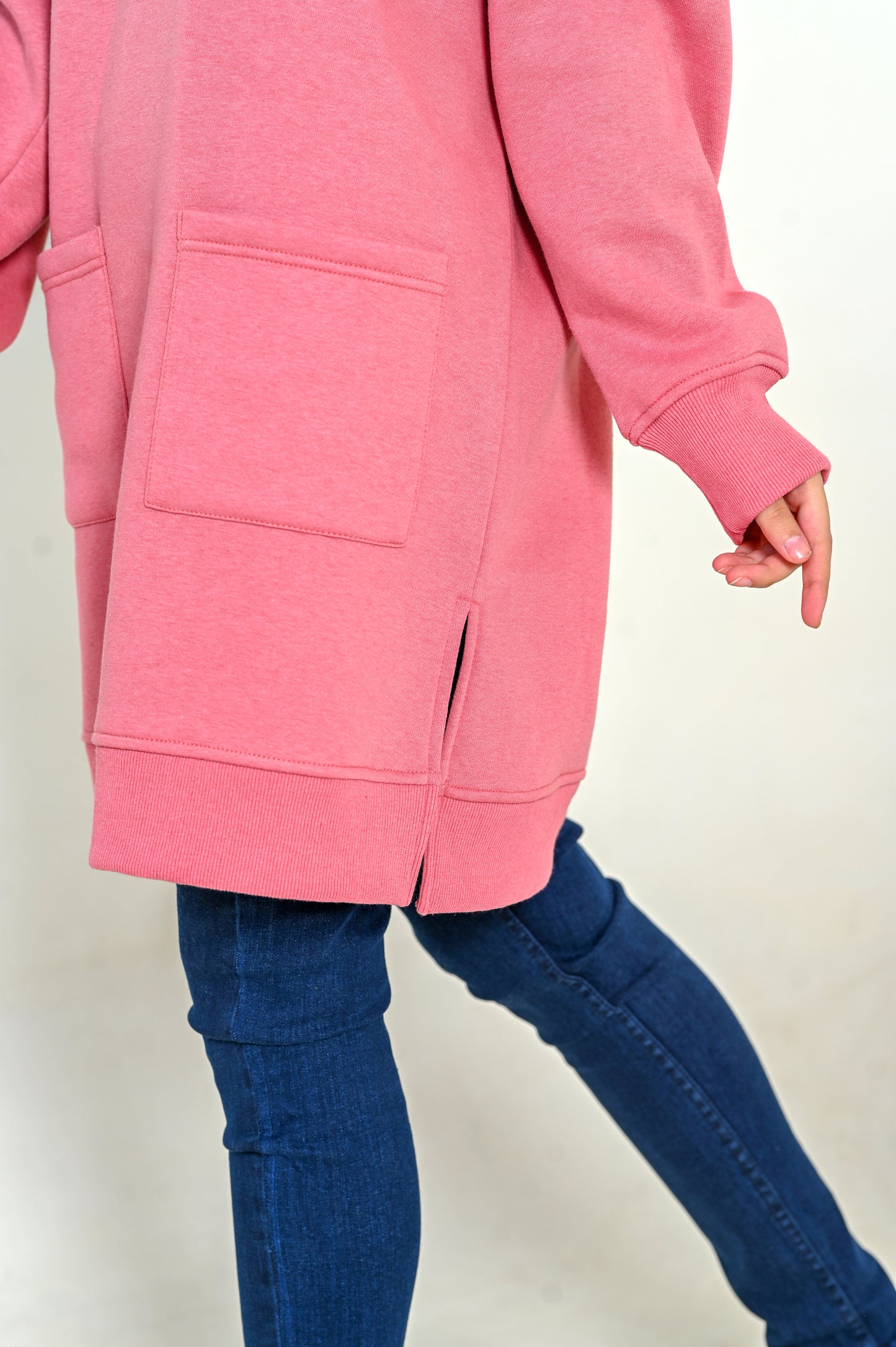 Women's Front Pocket  -Long & Loose Fit Sweatshirt -Pastel Pink