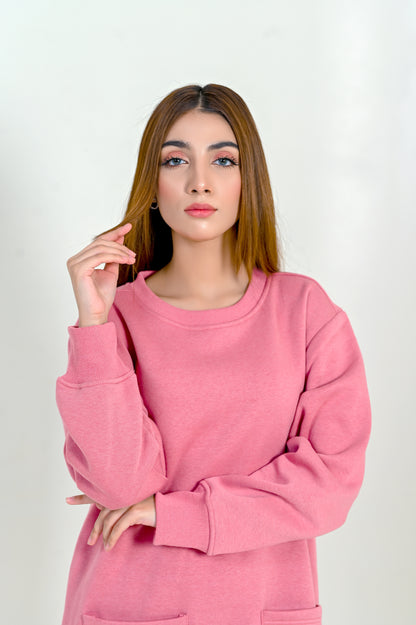 Women's Front Pocket  -Long & Loose Fit Sweatshirt -Pastel Pink