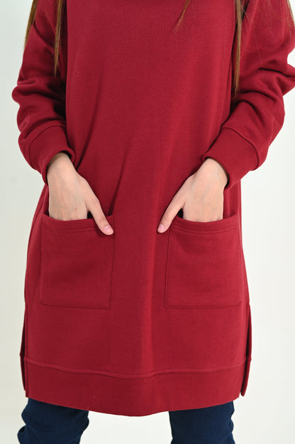 Women's Front Pocket  -Long & Loose Fit Sweatshirt - Maroon