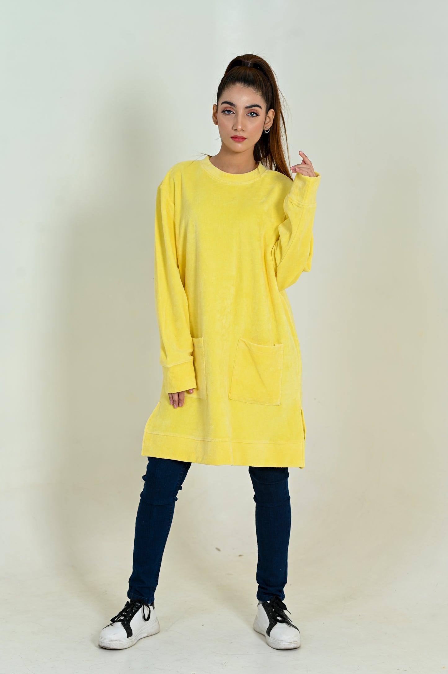 Women's Front Pocket  -Long & Loose Fit Sweatshirt -Pastel yellow