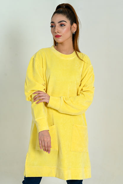 Women's Front Pocket  -Long & Loose Fit Sweatshirt -Pastel yellow