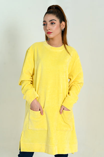 Women's Front Pocket  -Long & Loose Fit Sweatshirt -Pastel yellow