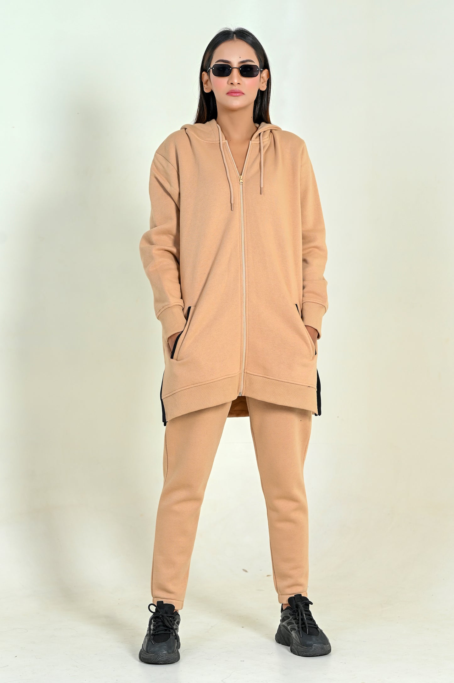 Women's Fashion Oversized Long Zipper Hoodie- Nude