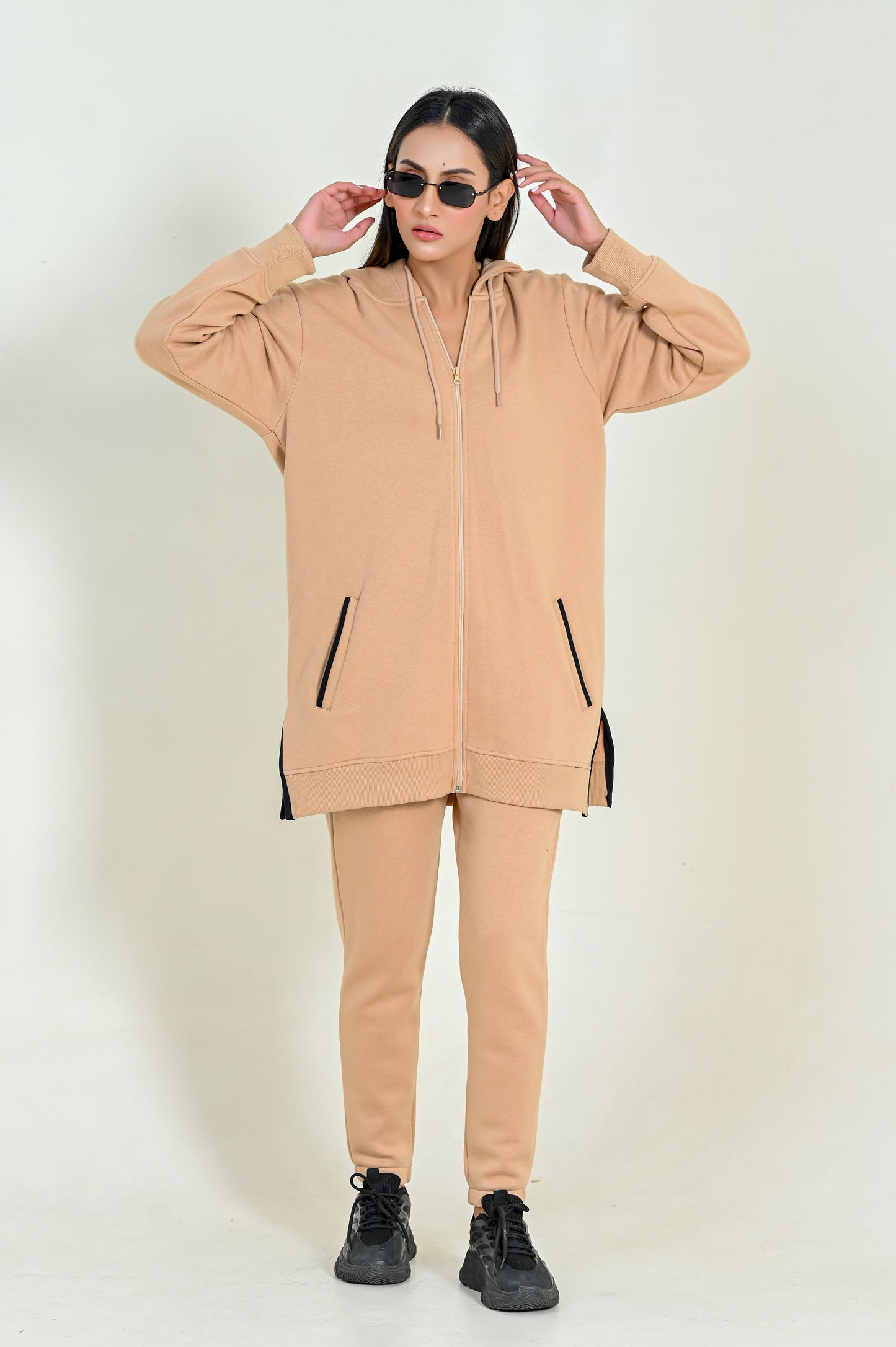 Women's Fashion Oversized Long Zipper Hoodie- Nude