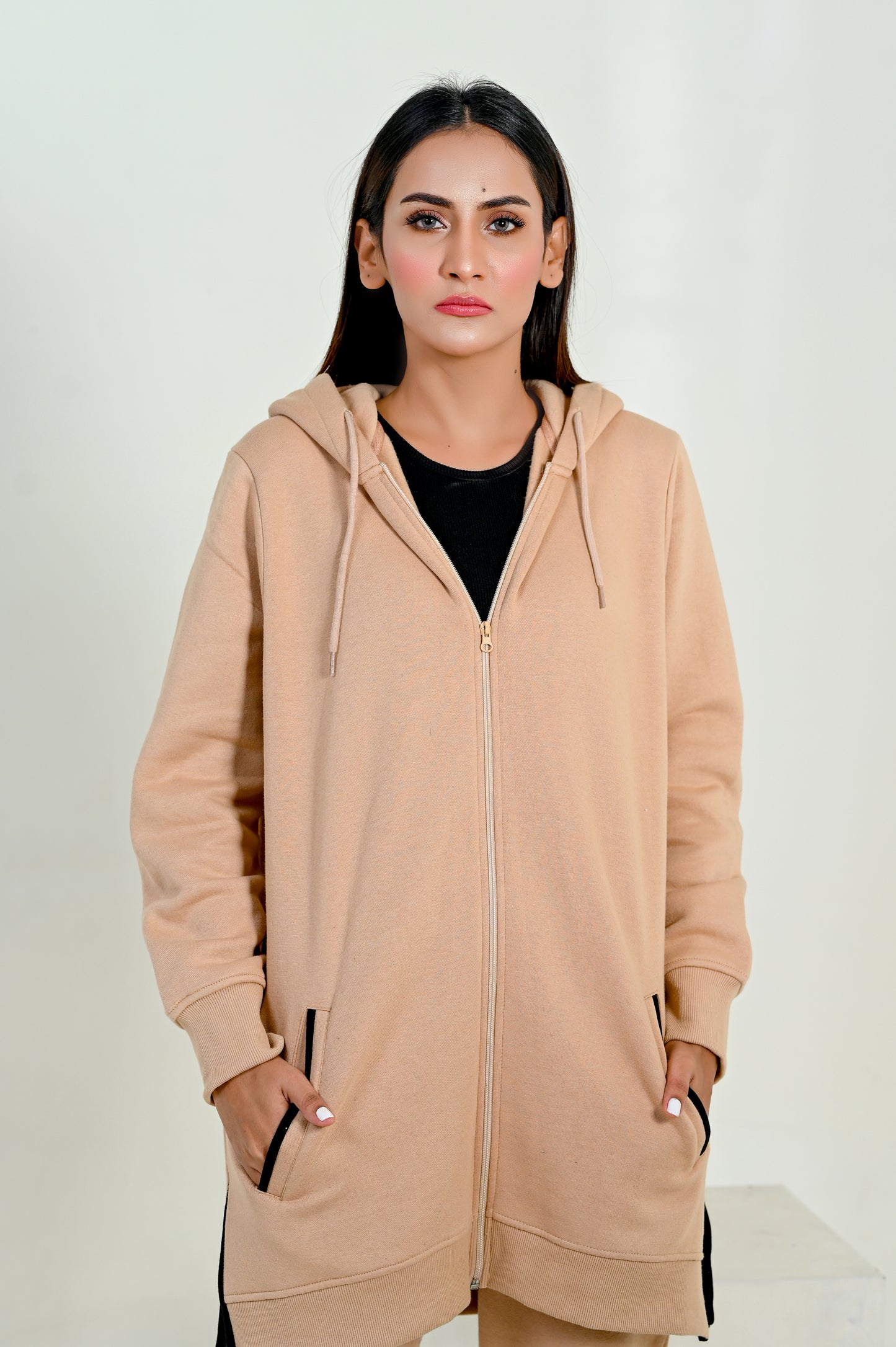 Women's Fashion Oversized Long Zipper Hoodie- Nude