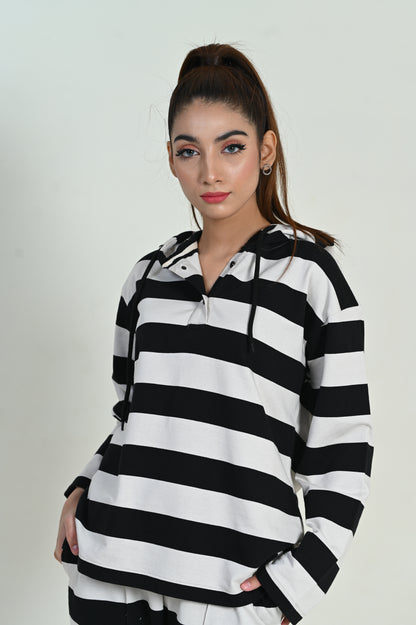 Women's Terry Black & white Stripe Track-suit