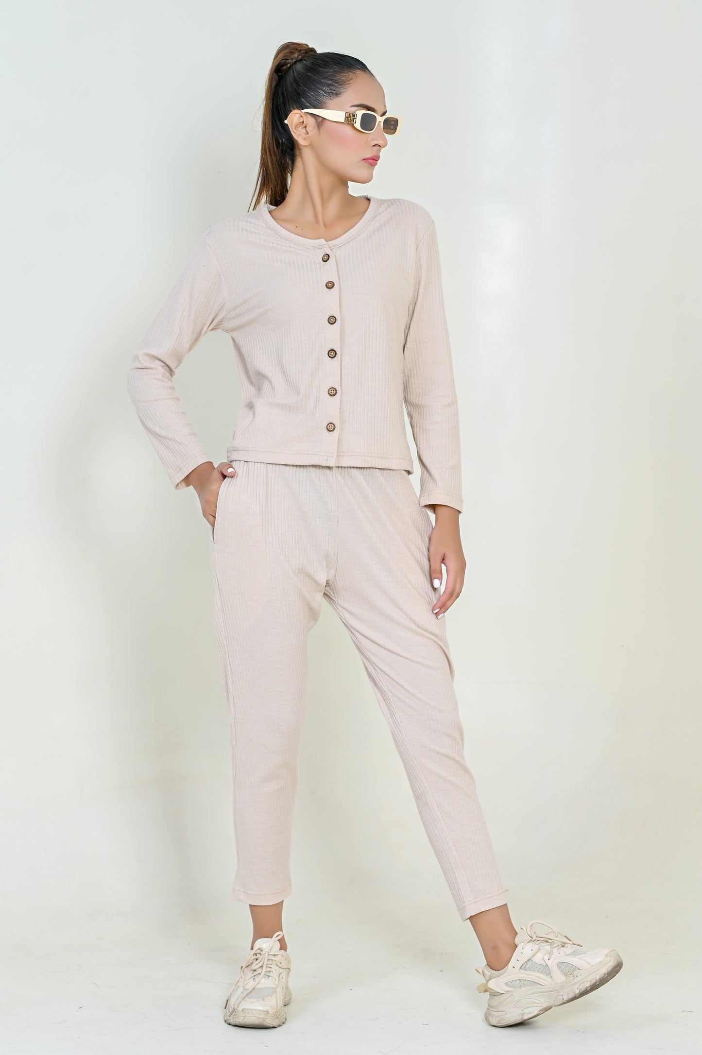 Women's Fashion Viscose-Co-Ord Set-Cream