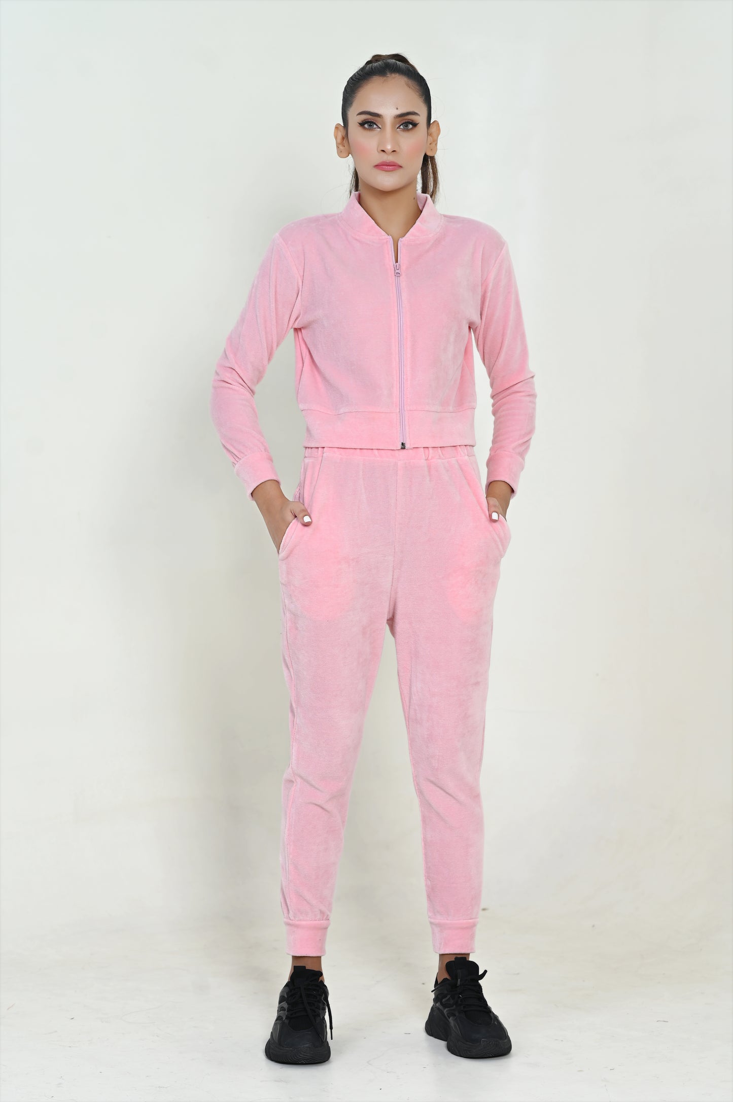 Women's Velour Zipper-Co-Ord Set- Pink