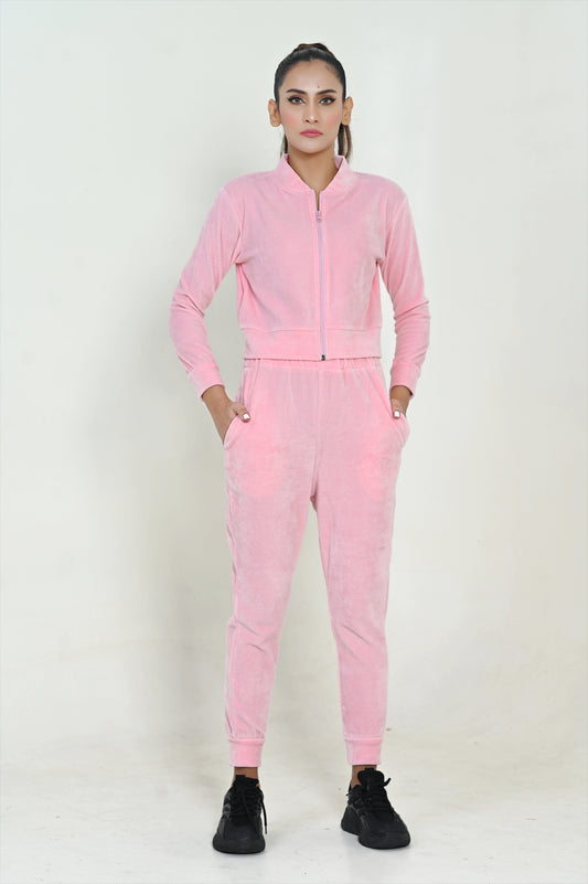 Women's Velour Zipper-Co-Ord Set- Pink