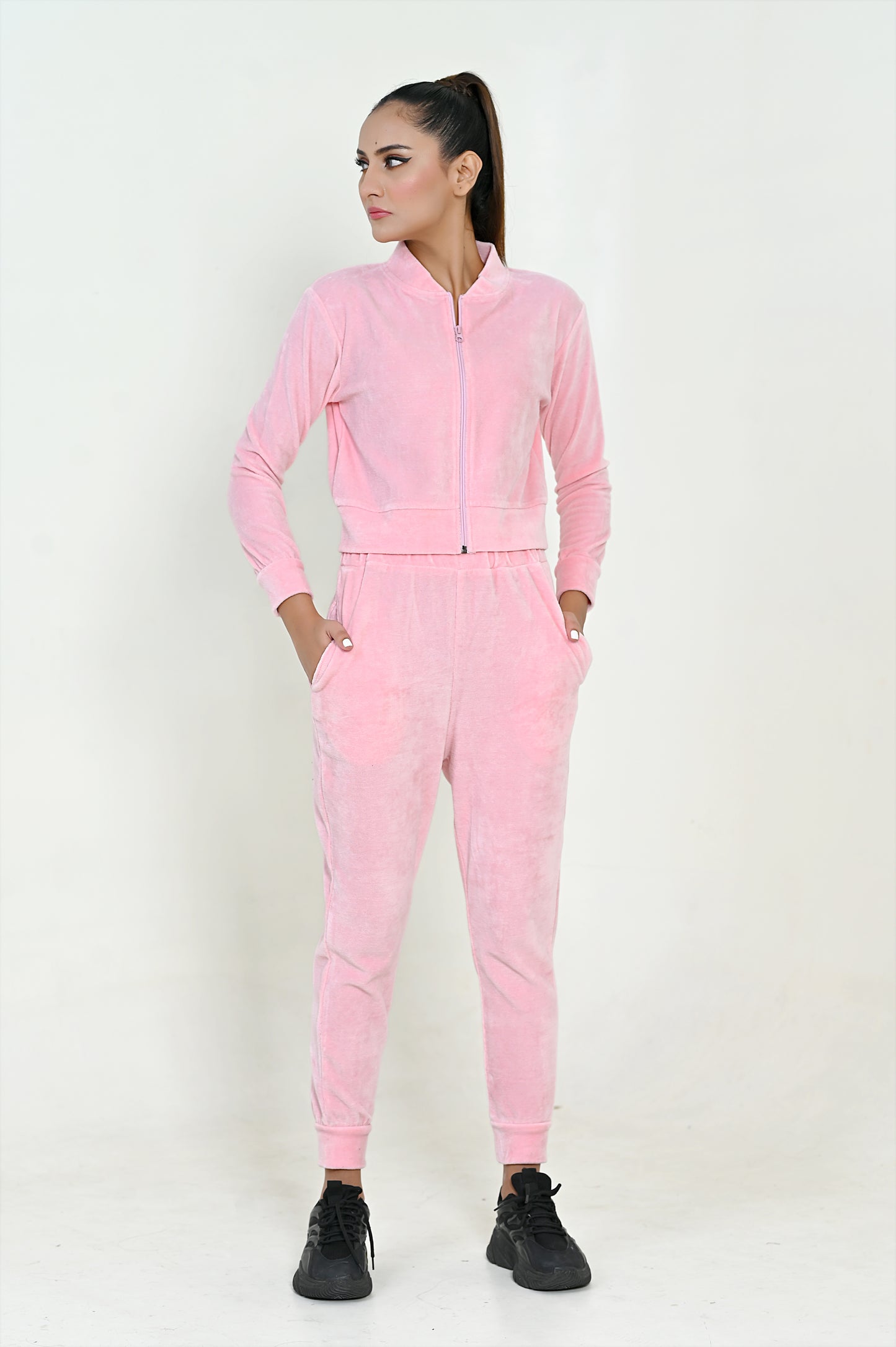 Women's Velour Zipper-Co-Ord Set- Pink