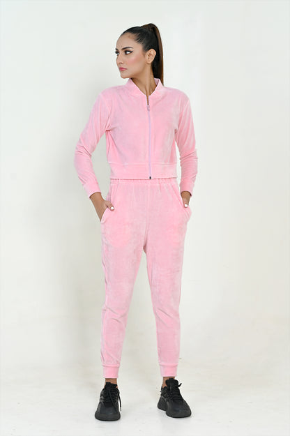 Women's Velour Zipper-Co-Ord Set- Pink