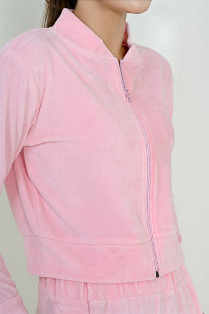 Women's Velour Zipper-Co-Ord Set- Pink