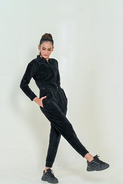 Women's Velour Zipper-Co-Ord Set- Black